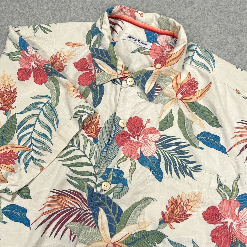 Tommy Bahama Hawaiian Camp Shirt Mens XL Cream IslandZone Tropical Floral